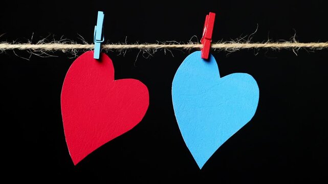 On a black background, blue and red hearts are attached to a thin rope with clothespins. Space for text