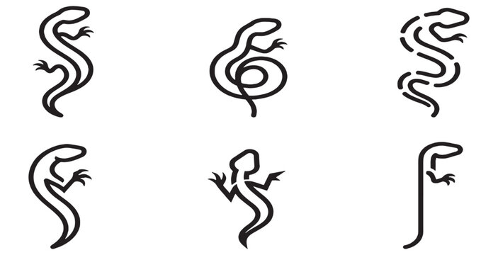 Collection of stylized line art illustrations of lizards and salamanders in various poses.
