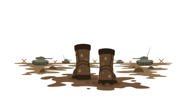 A pair of muddy brown military boots stands in a mud puddle with distant tanks and barbed wire fences on a white background.