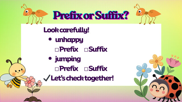 Engaging Visual Aid for English Grammar Interactive Lesson on Identifying Prefixes and Suffixes to Enhance Vocabulary and Language Skills