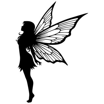 A black silhouette of a fairy with large wings isolated on transparent background, Vector
