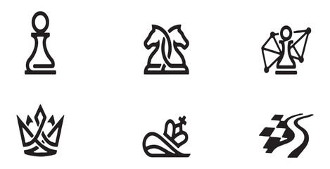 Collection of stylized chess piece icons and symbols, including a pawn, knights, queen, and crown. © Riki