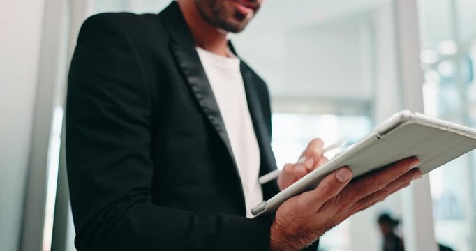 Hands, business and man with tablet in office for research, schedule viewing and real estate. Realtor, stylus and digital to email client, review information and pricing property for auction inquiry