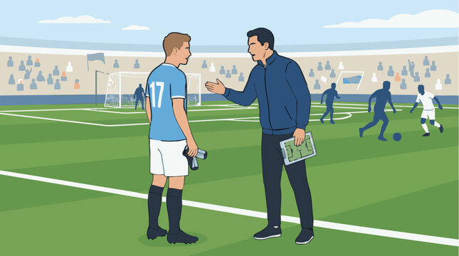 Soccer coach instructs young player on the sidelines during a professional match, demonstrating tactics and strategy