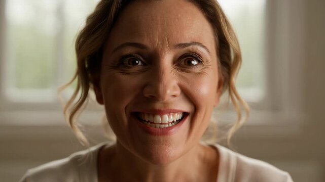 Woman smiling indoors near a window. Close up portrait conveys joy and positivity. Expressing happiness, good mood, healthy lifestyle.