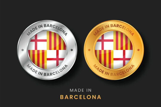 Elegant gold and silver metallic badges with the Barcelona flag. Professional origin labels for products made in Barcelona city, local manufacturing, and quality export branding.