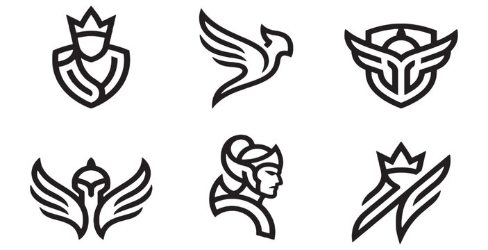 Collection of six minimalist line art logos featuring crowns, shields, and mythical creatures.
