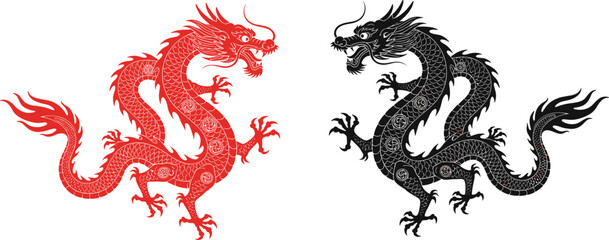 Fototapeta premium Vector illustration set of red and black Chinese dragons in traditional oriental style for lunar new year tattoo design and asian culture festival concept