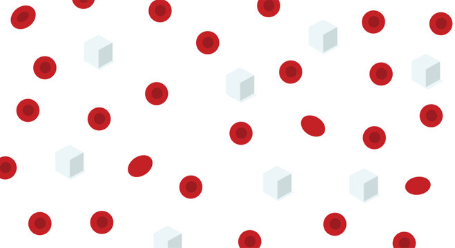 Red blood cells and white sugar cubes are scattered randomly on a pure white background.