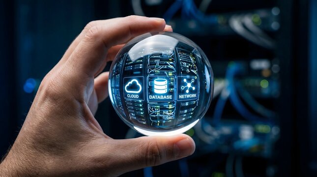 Hand holding crystal ball showing data center technology and cloud icons