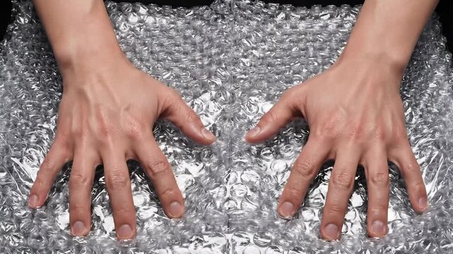 Hands resting on shiny bubble wrap, tactile experience, close-up view of fingers and palms on textured surface, conveying protection or fragility