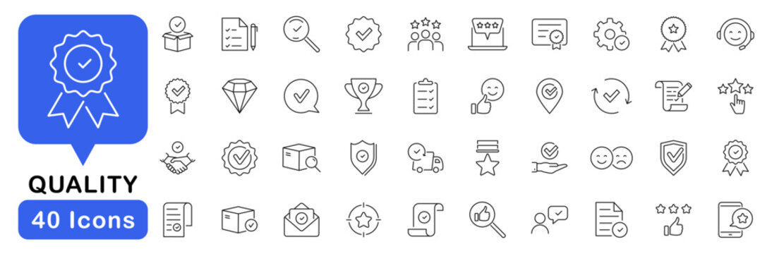 Quality control icon set. Quality icons in line style. Editable web icons for control, accuracy, efficiency, performance, industry, production. Vector illustration.