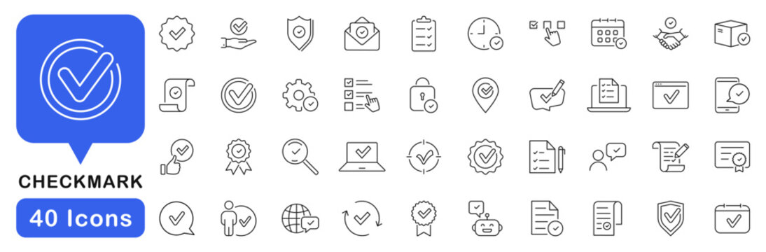 Checkmark icon set. Approval icons in line style. Editable web icons for agreement, vote, confirmation, choise, validation, completed tasks and verified status. Vector illustration.