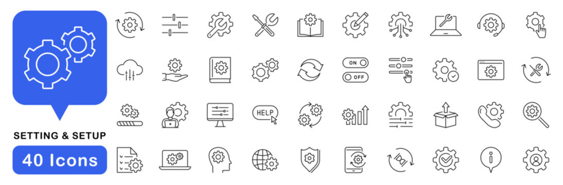 Setting icon set. Setup icons in line style. Editable web icons for statistics data, installation, configuration, service, customization, system update, maintenance, optionetc. Vector illustration.