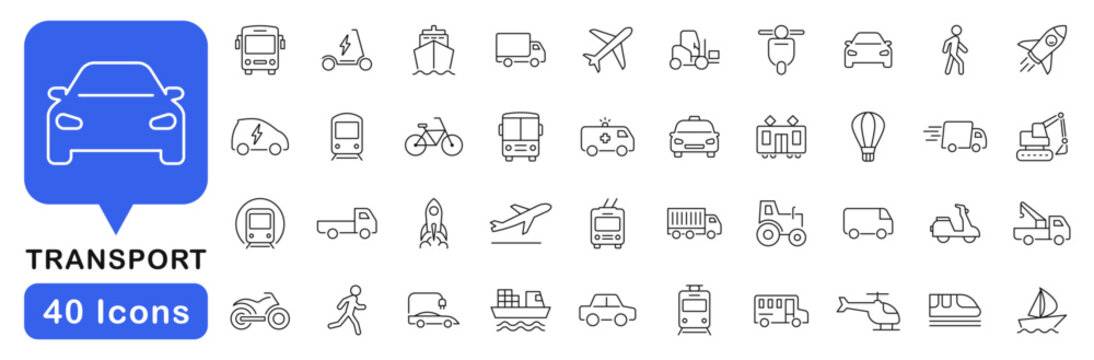 Transport icons set. Transportation icons in line style. Editable web icons auto, vehicle, bus, truck, train, subway, ship, plane, on foot etc. Vector illustration.