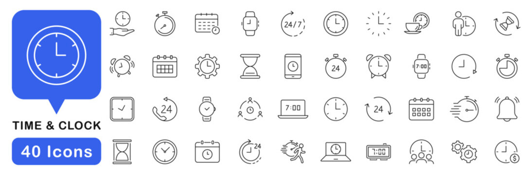 Time icons set. Time and clock icons in line style. Editable web icons timer, watch, speed, calendar, alarm clock, date and time management. Vector illustration.