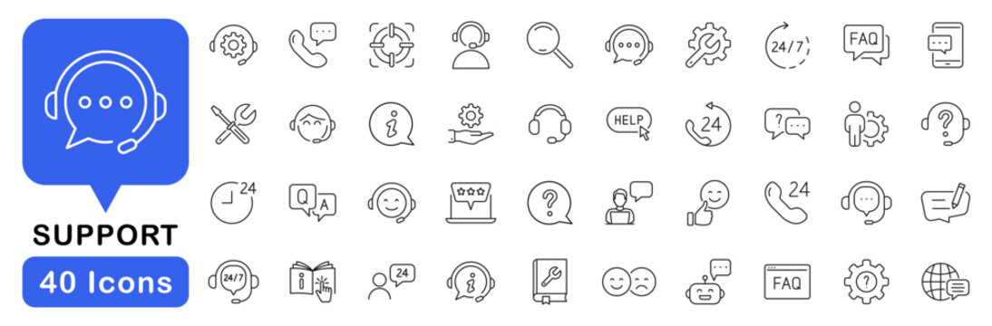 Support service icon set. Customer support icons in line style. Editable web icons for help, communication, support, customer service, FAQs, website, feedback etc. Vector illustration.