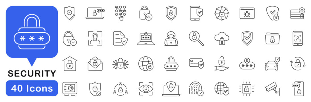 Security icon set. Protection icons in line style. Editable web icons safety, privacy, secure login, fingerprint, biometric, shield, lock, password etc. Vector illustration.