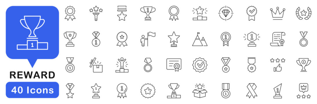 Reward icon set. Award icons in line style. Editable web icons bonus, benefit, offer, medal, champion, winner, succes, achievement, prize. etc. Vector illustration.