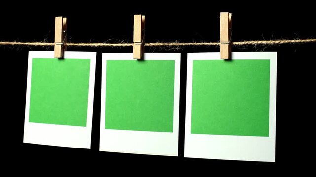 Two green rectangular sheets of paper in a white frame hang from a thin thread against a black background, attached with a clothespin, side view. Space for text.