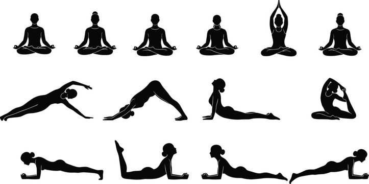 Set of yoga meditation and stretching silhouettes showing seated, relaxation and flexibility poses isolated on white background representing wellness and calm lifestyle