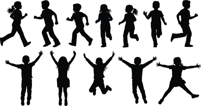 Silhouettes of children running, walking, and jumping in playful dynamic poses representing energy, joy, fitness, and childhood motion illustratio