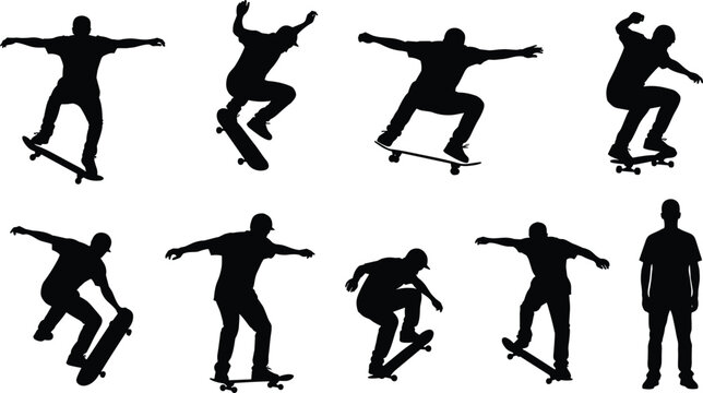 Skateboarding silhouettes set showing trick sequence and jumping poses, urban extreme sport action isolated on white background for youth culture design