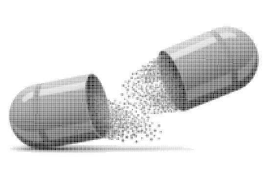 Halftone illustration of open medical capsule with pixels spilling out on white background