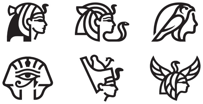 Collection of stylized Egyptian hieroglyphs and symbols featuring pharaohs, gods, and iconic imagery.