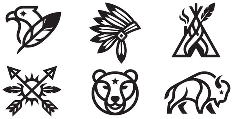 Collection of Native American inspired icons including an eagle, headdress, teepee, arrows, bear, and buffalo. © Riki