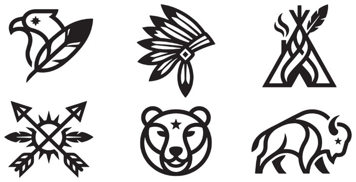 Collection of Native American inspired icons including an eagle, headdress, teepee, arrows, bear, and buffalo.