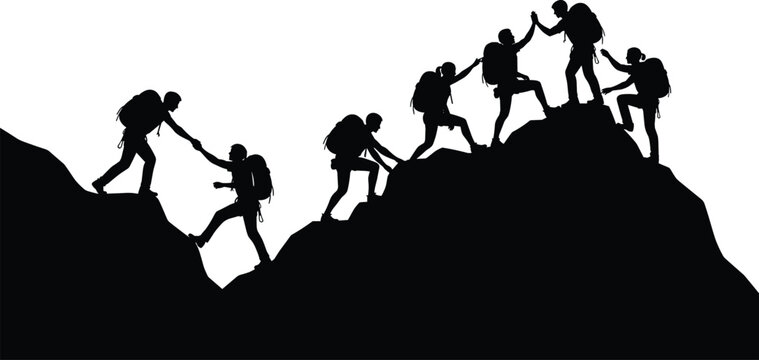 Team of hikers climbing mountain helping each other reach summit in silhouette isolated black vector illustration for teamwork adventure design