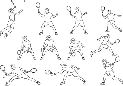 Tennis player action poses set featuring serving hitting forehand backhand movements dynamic athlete line art vector illustration isolated on white background