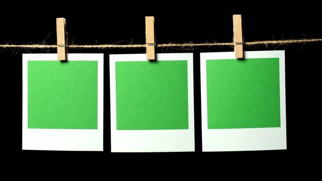 Three green rectangular sheets of paper in a white frame hang from a thin thread against a black background, attached with a clothespin. Space for text.