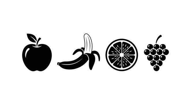 Set of Black and White Fruit Icons: Apple, Banana, Orange Slice, and Grapes