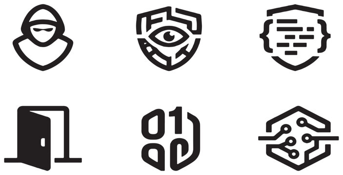 Collection of six cybersecurity icons representing hacking, surveillance, coding, access, data, and network security.