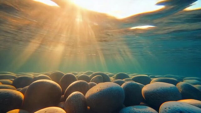 Underwater Sun Rays Shining Through Water on Smooth StonesCinematic Stock Footage