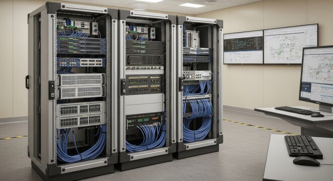 A modern data center with multiple server racks, cables, and network equipment, surrounded by a control room with monitors and a desk.
