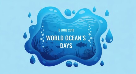World ocean day vector illustration with underwater scene, marine life, coral reef, and water droplets on a light blue background
