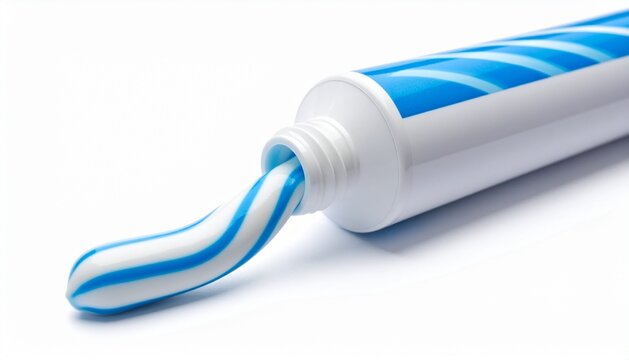 Blue and white striped toothpaste being squeezed out of a tube isolated on white background