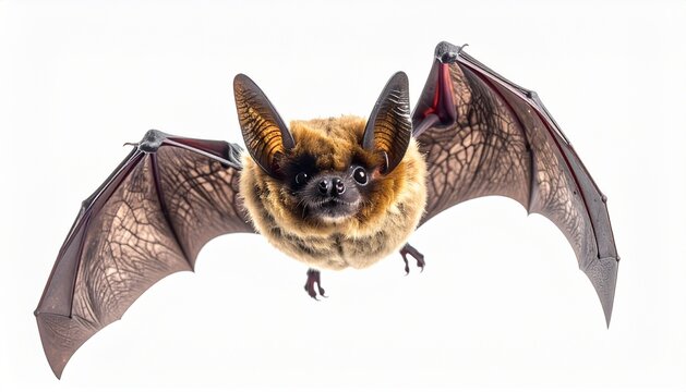 Brown bat flying with wings spread wide isolated on white background
