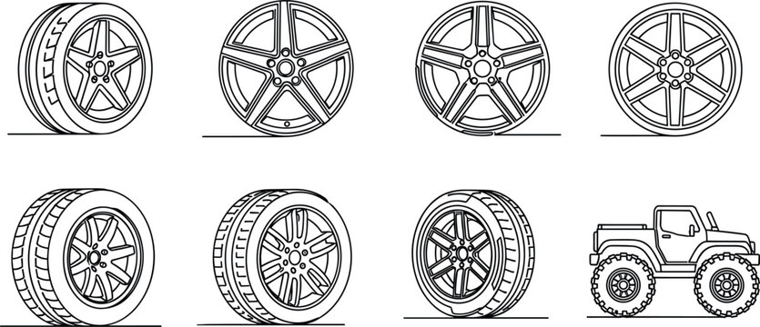 Car wheel and tire icon set with alloy rims off road truck and automotive wheel variations vector illustration