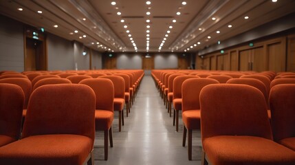 Fototapeta premium Rows of empty orange chairs fill a modern conference hall ready for an event