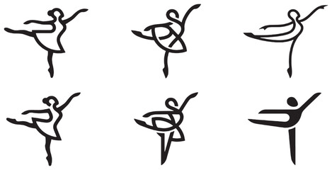 Set of six stylized ballet dancer icons in black and white, showcasing different graceful poses and movements. © Riki
