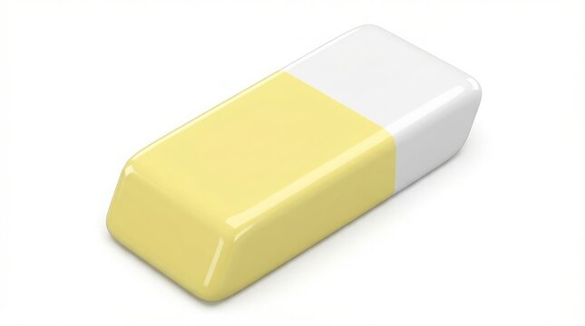 A yellow and white eraser on a white background