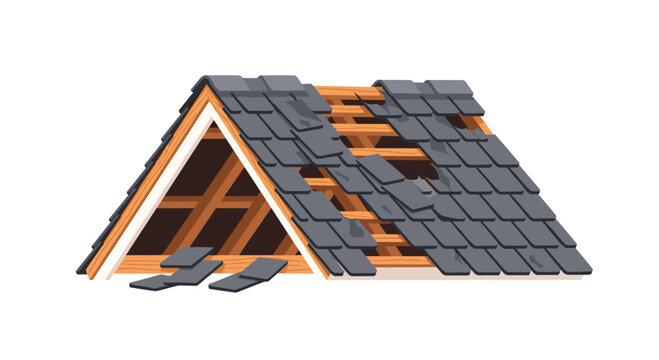 A damaged roof section shows exposed wooden rafters and missing dark gray shingles.