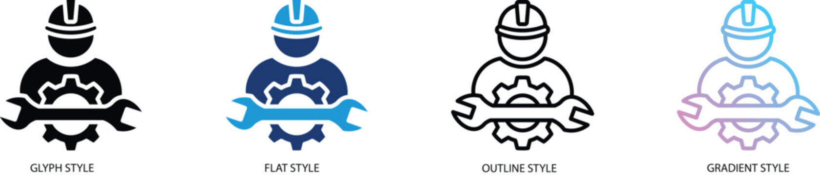 Technician icon representing industrial worker, maintenance service and mechanic repair. Symbol of engineer with hard hat, gear and wrench for technical support and construction labor in vector styles