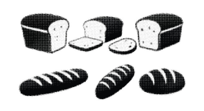 Halftone illustration of various bread types including sliced loafs and boules on white background