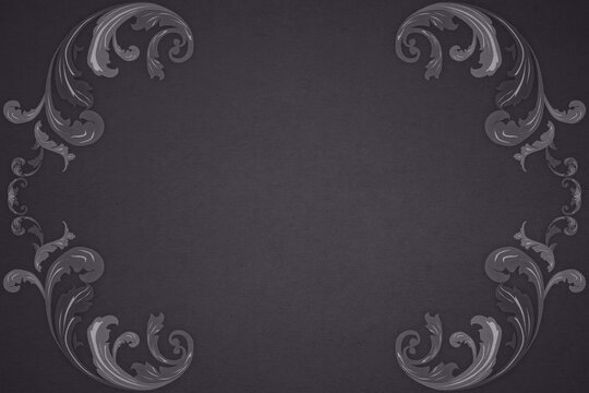 Elegant dark charcoal background with vintage baroque floral borders and central copy space for invitation or greeting card design