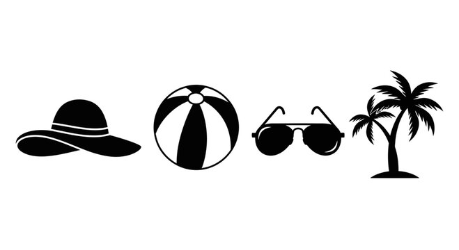 Summer Vacation Icons Set with Beach Hat Ball Sunglasses and Palm Tree